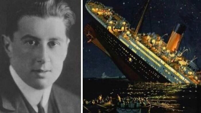 Retrato en blanco y negro de un joven junto a ilustración del hundimiento del Titanic con datos curiosos morbosos.