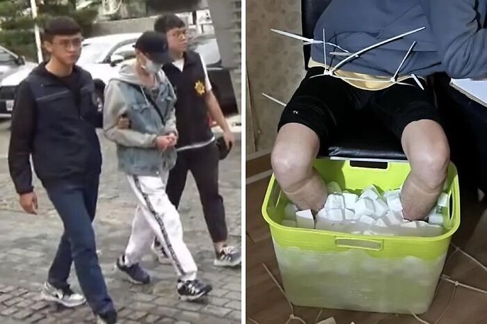 Persona esposada escoltada por dos hombres y persona con piernas en hielo mostrando datos curiosos morbosos no aptos para cardíacos.