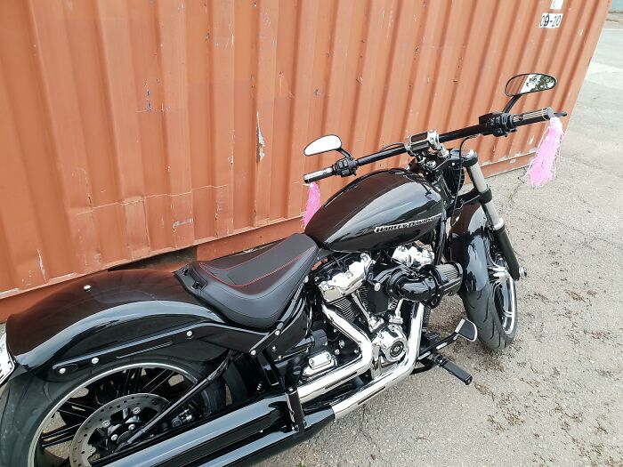 Motocicleta negra estacionada junto a contenedor, decorada con plumas rosas, mostrando humor ingenioso y originalidad.