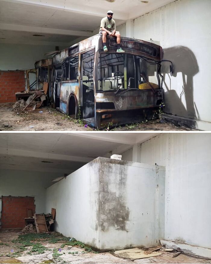 Hombre sentado sobre pintura que crea ilusión óptica de autobus viejo, comparaciones que revelan diversidad inesperada.