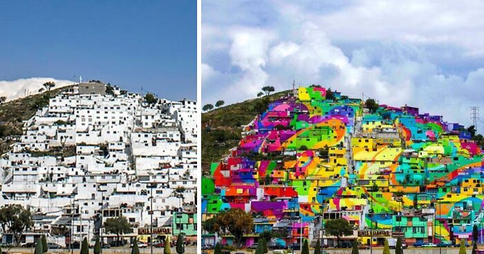 Comparación de diversidad inesperada en la vida con casas blancas y la misma colina llena de colores vivos.