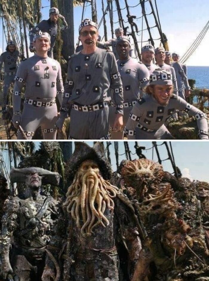 Tripulación de actores con trajes de captura de movimiento comparada con personajes fantásticos en escena, mostrando diversidad inesperada.