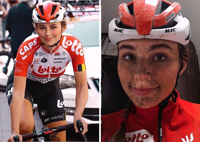 Ciclista con casco en dos situaciones diferentes mostrando la diversidad inesperada en la vida y comparaciones interesantes.