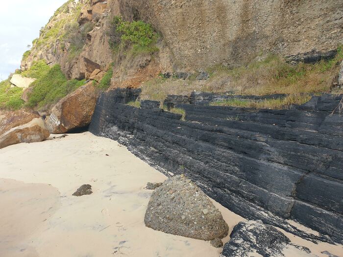 Formaciones rocosas negras sorprendentes encontradas en la playa, ejemplo perfecto de hallazgos inesperados en la costa.