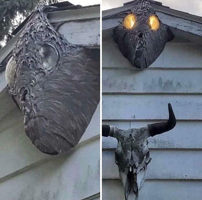 Imagen aterradora de una figura oscura con ojos brillantes en una pared junto a un cráneo animal, inspirando miedo y suspense.