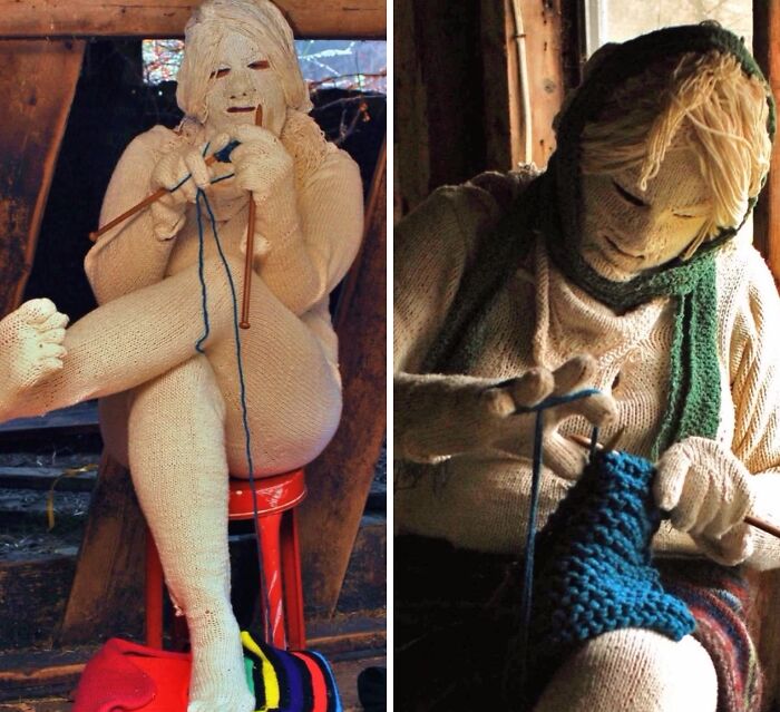 Figura espeluznante de punto tejiendo con agujas, representando fotos aterradoras para sentir miedo y nerviosismo.
