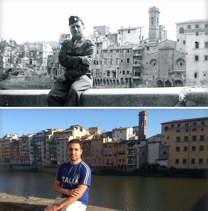 Hombre en dos épocas diferentes junto al río y edificios históricos mostrando hechos y eventos históricos poco conocidos. Hombre en dos épocas diferentes junto al río y edificios históricos mostrando hechos y eventos históricos poco conocidos.