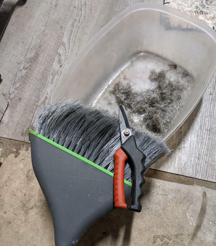 Escoba y recogedor con tijeras usados en trucos ingeniosos de la vida que la gente realmente utiliza en casa.