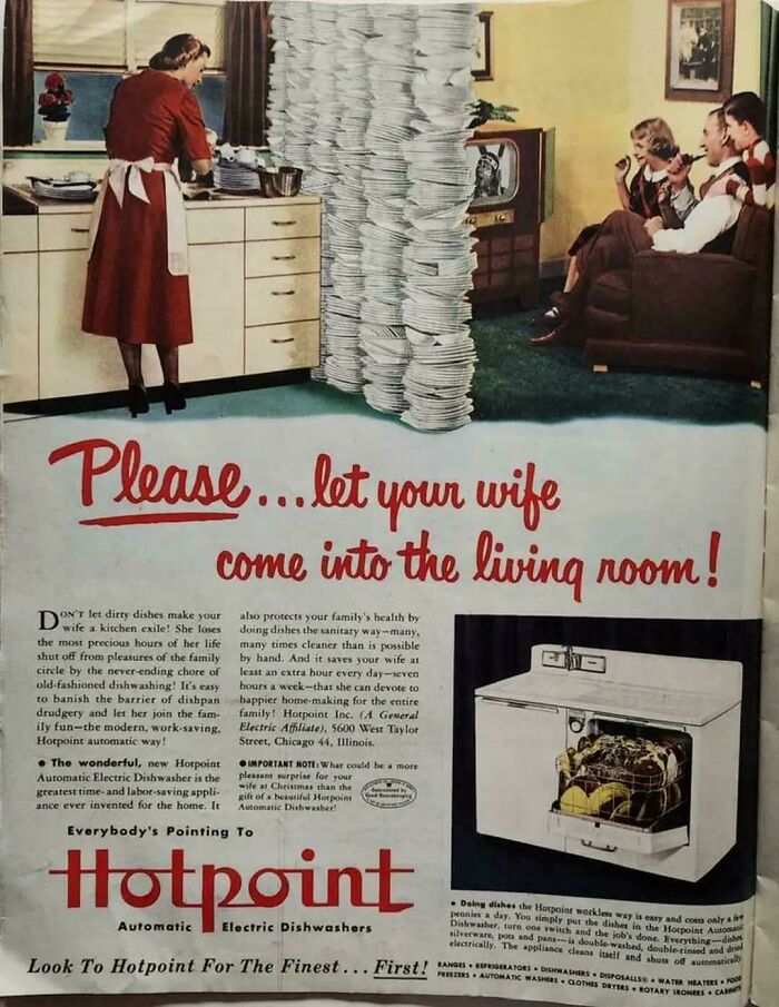 Anuncio vintage de Hotpoint mostrando normas culturales cambiantes y roles de género en la historia.