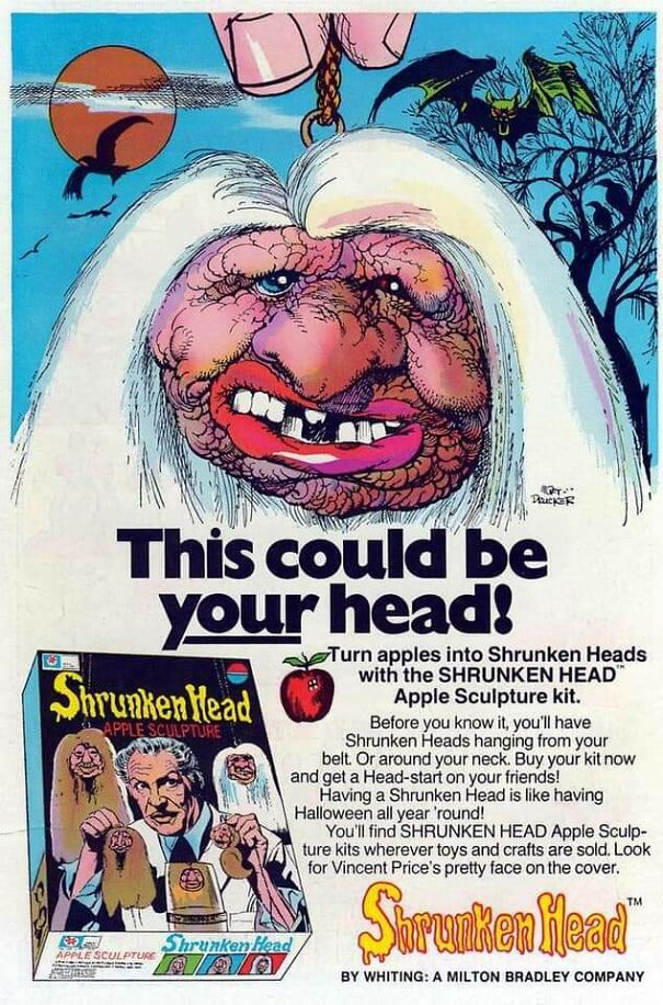 Kit de modelado de cabeza reducida Milton Bradley de 1975, mostrando ilustración grotesca y caja del producto vintage.