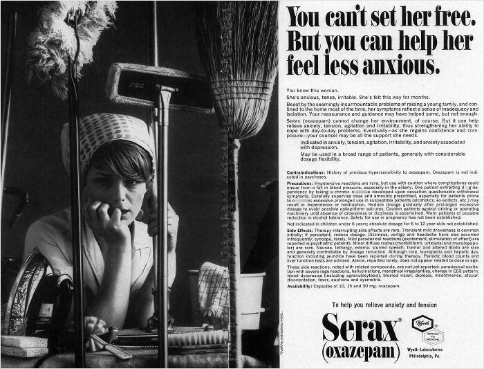 Anuncio vintage de Serax para aliviar ansiedad, reflejando normas culturales cambiantes y la historia de la publicidad antigua.