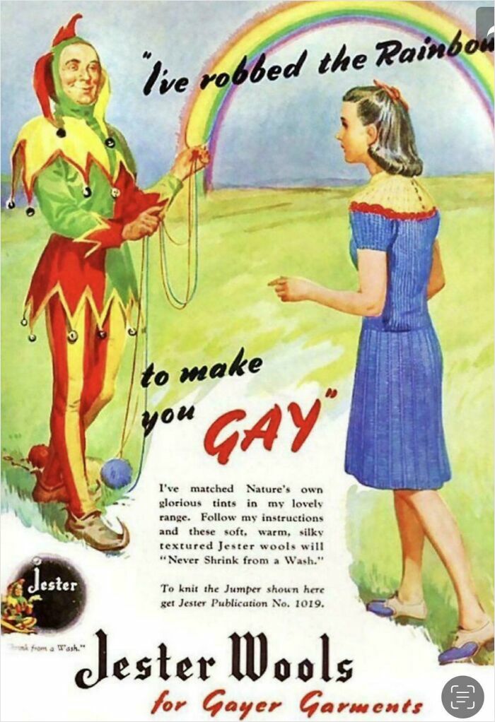 Anuncio vintage extraño con bufón y mujer bajo arcoíris, ilustrando normas culturales cambiantes y publicidad antigua.