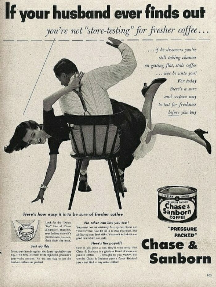 Anuncio vintage raro que muestra normas culturales cambiantes y publicidad de café Chase & Sanborn.