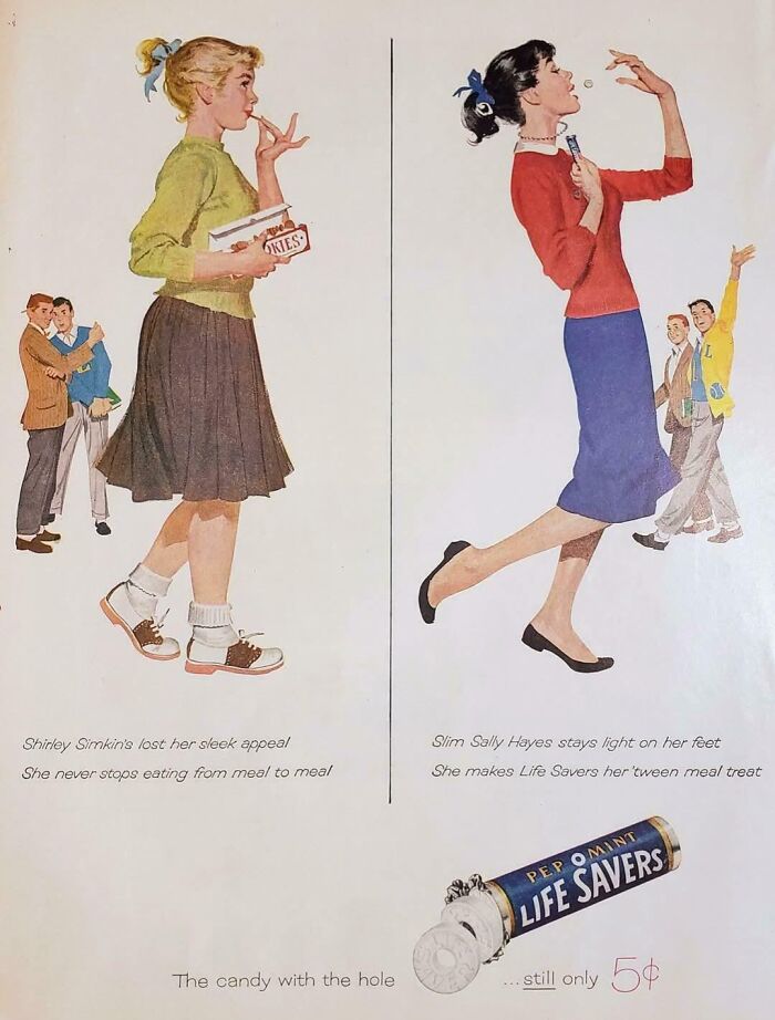 Anuncio vintage extraño mostrando normas culturales cambiantes con mujeres y caramelos Life Savers.