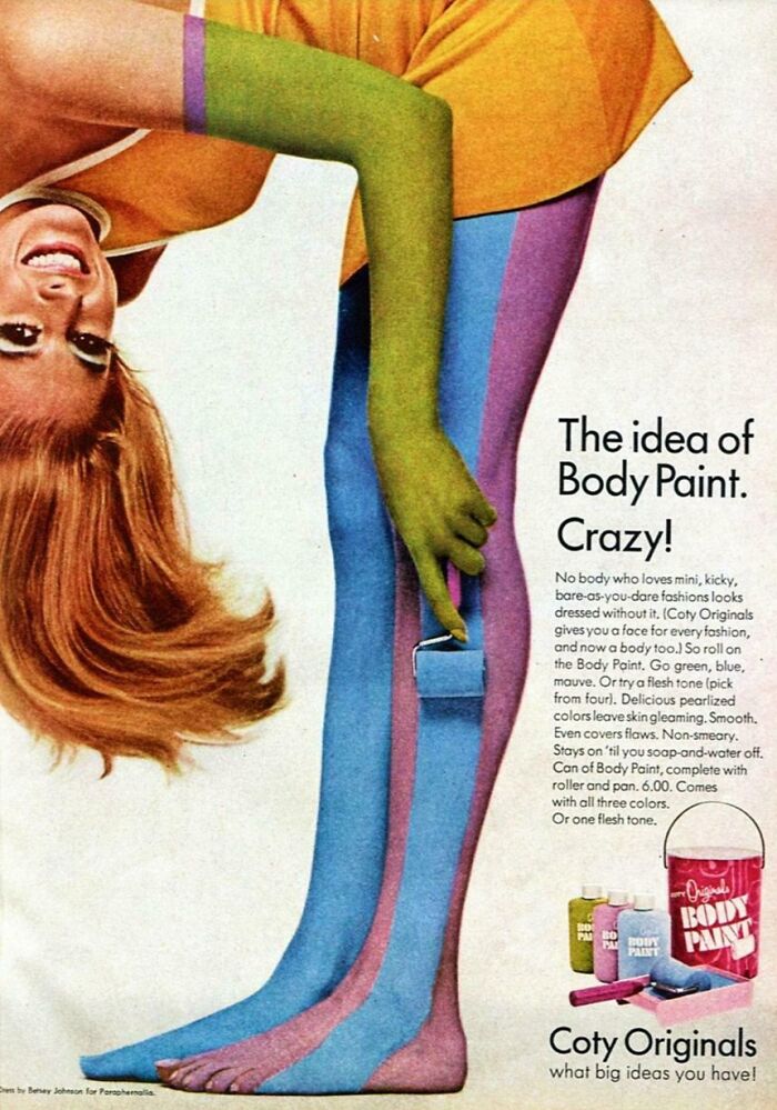 Anuncio vintage de body paint con colores vibrantes, mostrando normas culturales cambiantes en publicidad antigua.