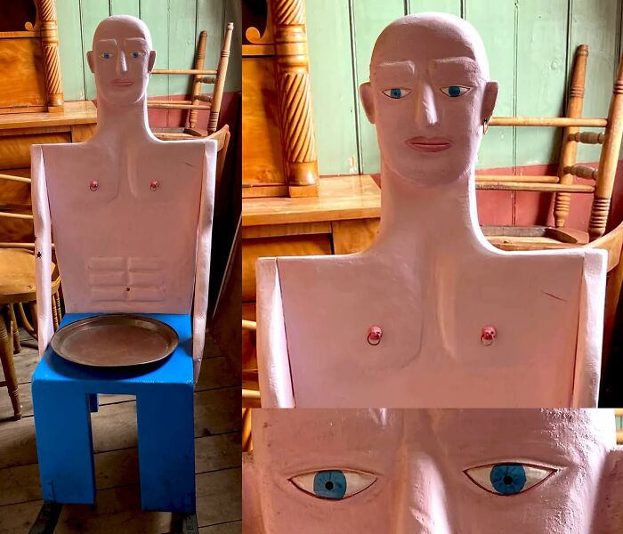 Figura casera fallida de madera con detalles surreales en un entorno rústico, ejemplificando DIY fails notorios.