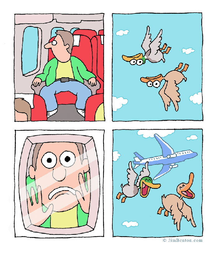 Hombre en avión sorprendido por comics de animales voladores que se confunden con un avión real en el cielo.
