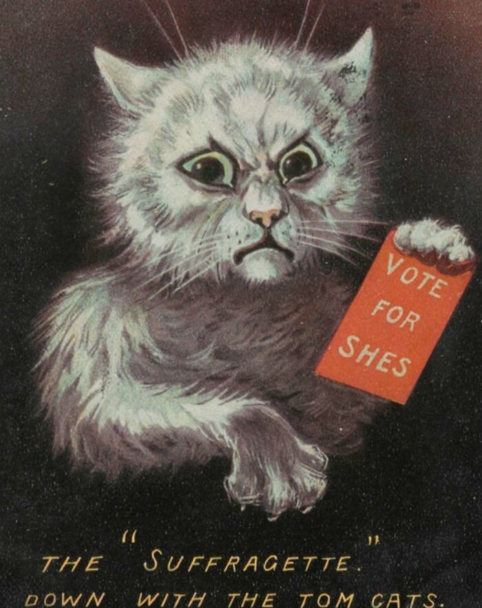 Gato histórico con cartel rojo promocionando voto, imagen adorable mostrando gatos como protagonistas a través del tiempo.