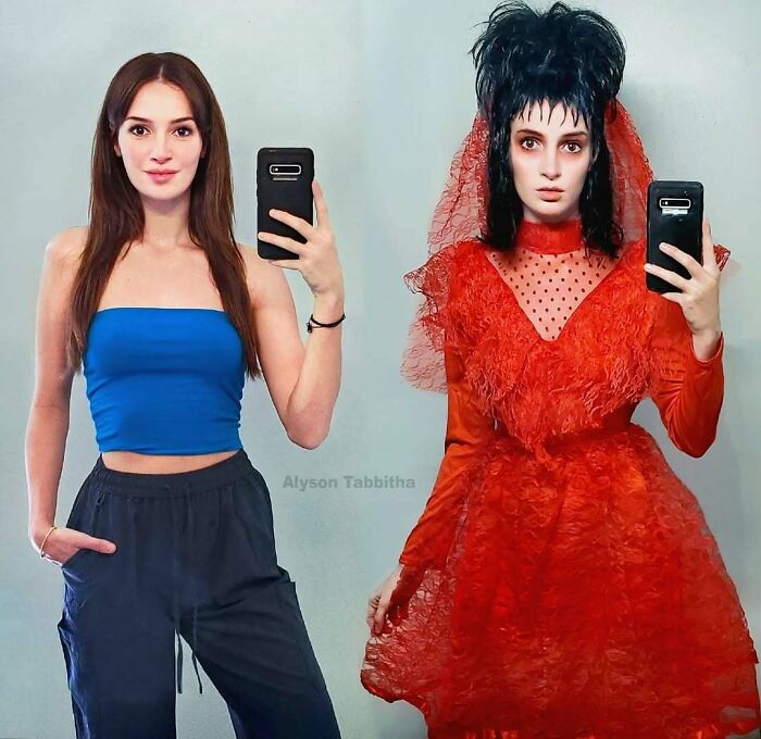 Mujer posando con dos estilos contrastantes, mostrando comparaciones interesantes que revelan la diversidad inesperada de la vida.