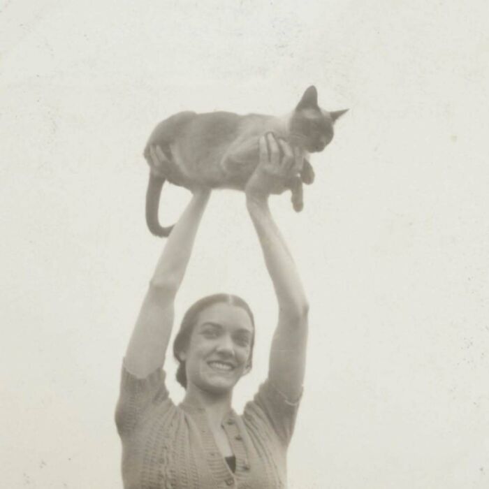 Mujer sonriente levantando un gato, imagen histórica mostrando adorables imágenes de gatos como protagonistas.