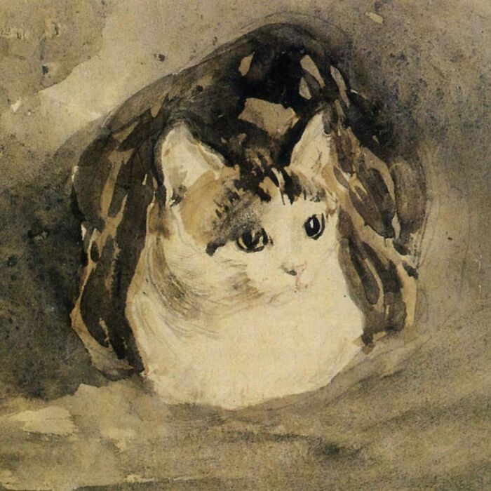 Dibujo histórico de un gato adorable con tonos sepia, mostrando la importancia de los gatos a través de la historia.