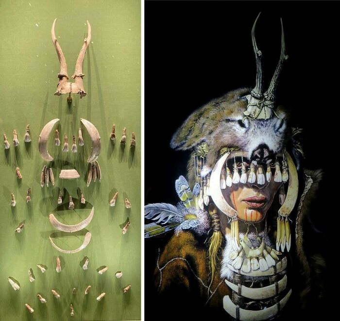 Disposición de piezas óseas y persona con atuendo tradicional de huesos y cuernos en fotografía antigua con contexto histórico.