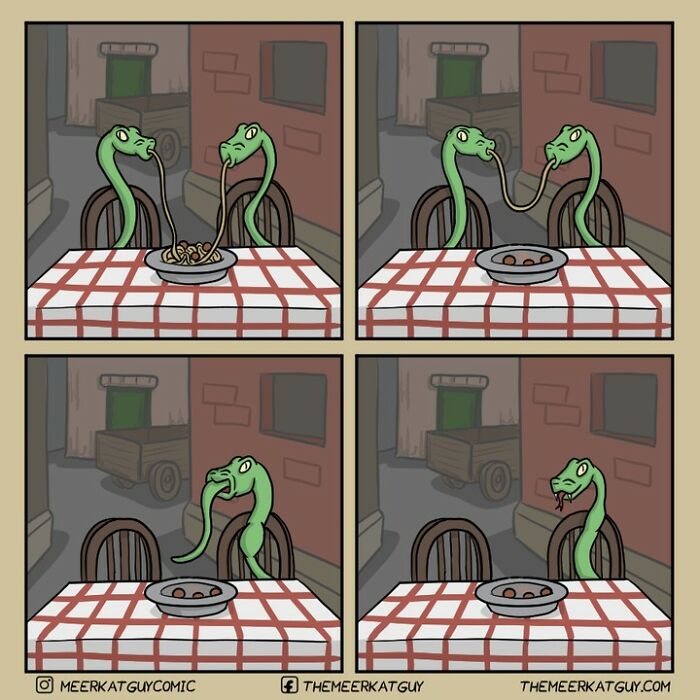 Serpientes en un cómic de animales disfrutando y peleando por comida en una mesa con mantel a cuadros rojos.