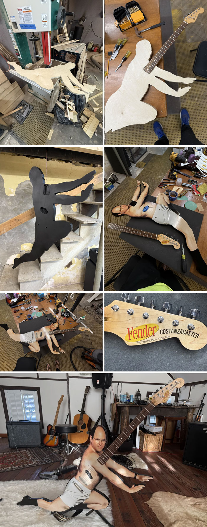 Figura de madera pintada y recortada con habilidades para dar vida a ideas creativas usando guitarra estilo Fender en taller.