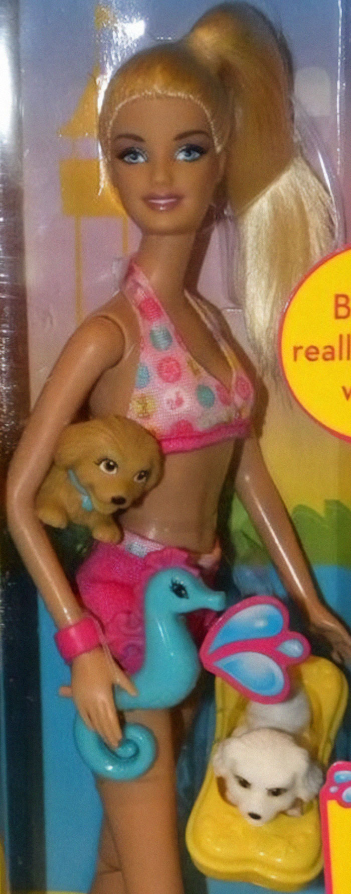Muñeca con cuello deformado y accesorios de mascotas, ejemplo de fallos de diseño divertidos y terribles en juguetes.
