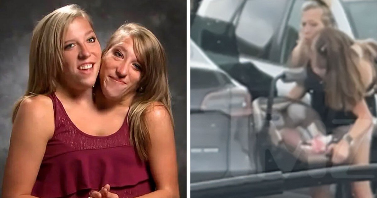 Las siamesas Abby y Brittany Hensel juntas en primer plano y con un bebu00e9 reciu00e9n nacido en un coche.