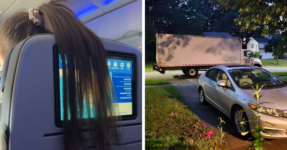 Mujer arrogante apoyando su cabello en pantalla de aviu00f3n y camiu00f3n bloqueando auto en cochera, ejemplos de personas prepotentes avergonzadas.
