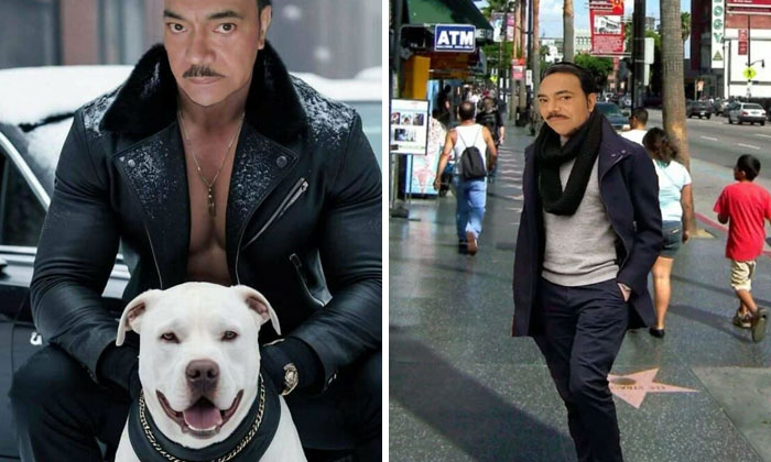 Hombre posando con perro blanco en chaqueta negra y luego en calle con bufanda, ejemplos de momentos de realidad en Instagram.