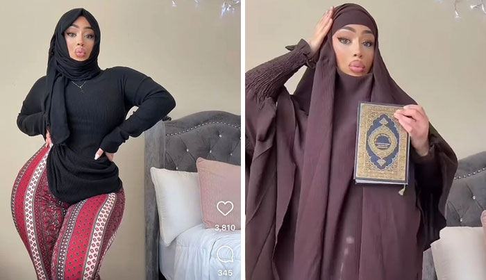Mujer con hijab haciendo poses frente a cámara, mostrando momentos en Instagram que colapsaron por la realidad visible.