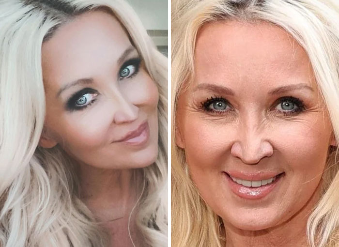 Mujer rubia en dos fotos comparando apariencia en Instagram y la realidad que muestra el colapso bajo el peso de la realidad.