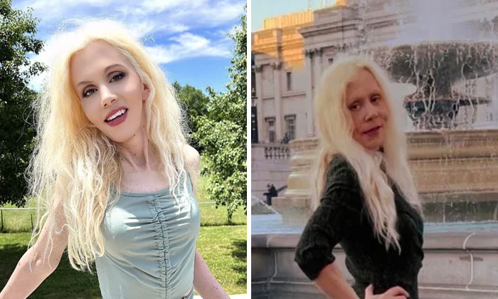 Mujer rubia posando al aire libre y frente a una fuente, mostrando contraste entre realidad y expectativa en Instagram.