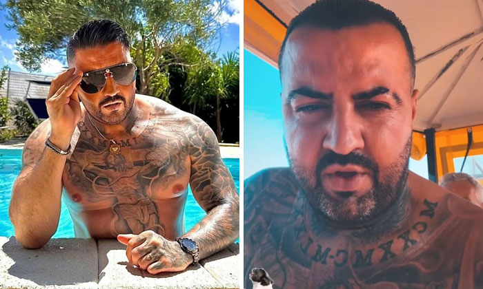 Hombre con tatuajes y gafas de sol junto a piscina, y mismo hombre con expresión seria mostrando realidad en Instagram.