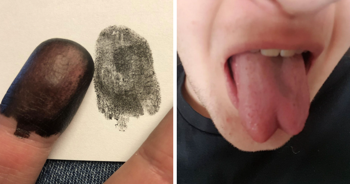 Dedo con huella digital tinta y lengua partida fuera de boca, mostrando rasgos distintivos del cuerpo humano u00fanicos.