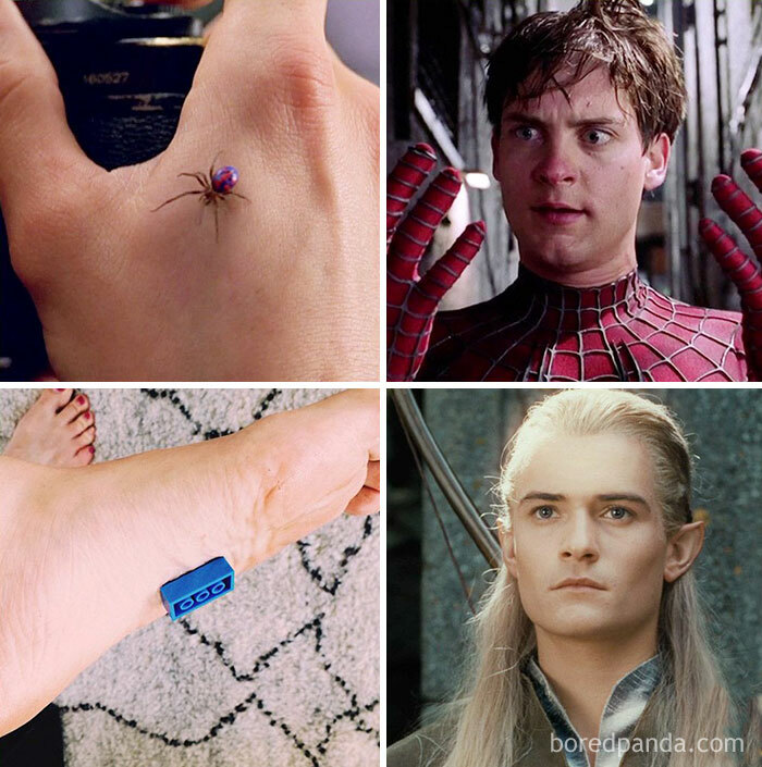 Memes divertidos de El Señor de los Anillos con araña, pie con lego, Spiderman y Legolas para inspirar maratón de películas.