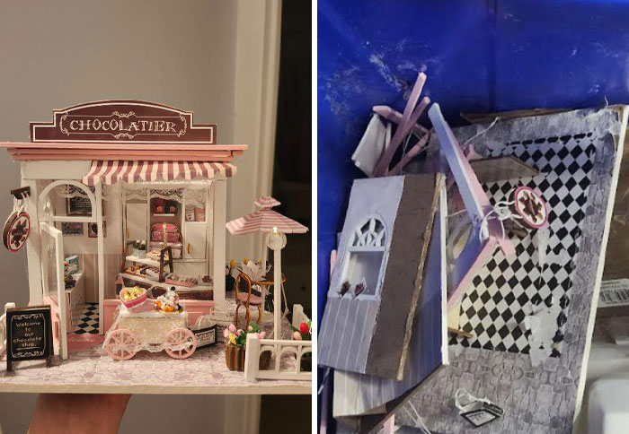 Miniatura detallada de tienda de chocolate intacta versus la misma dañada, ilustrando experiencia con hermano exigente. Miniatura detallada de tienda de chocolate intacta versus la misma dañada, ilustrando experiencia con hermano exigente.