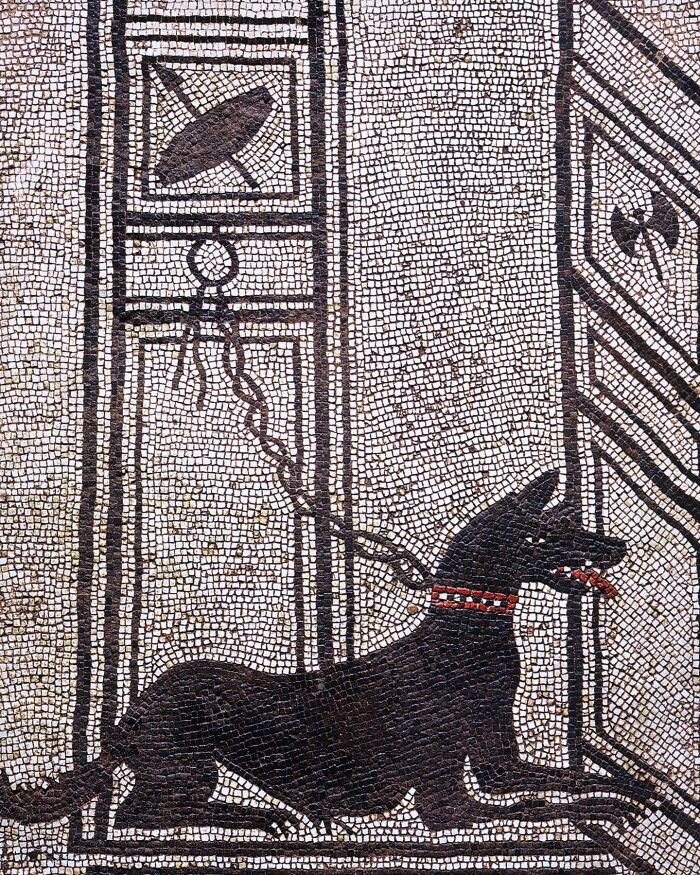 Mosaico histórico de un perro negro encadenado, representando hechos y eventos históricos poco conocidos. Mosaico histórico de un perro negro encadenado, representando hechos y eventos históricos poco conocidos.