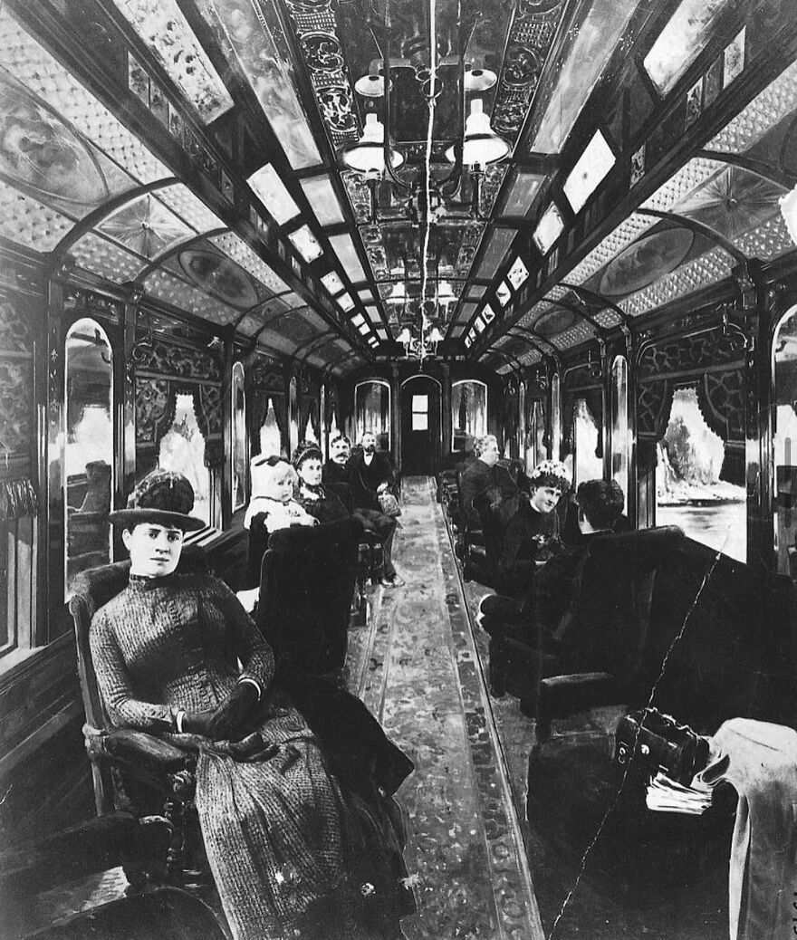 The interior of a lounge train car from the Canadian Pacific Railway Company. Montreal, Canada. Ca. 1886.