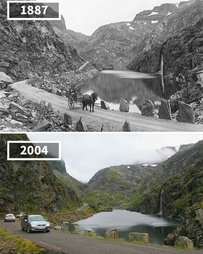 Paisaje histórico con carretera y lago en dos épocas, mostrando hechos y eventos históricos poco conocidos. Paisaje histórico con carretera y lago en dos épocas, mostrando hechos y eventos históricos poco conocidos.