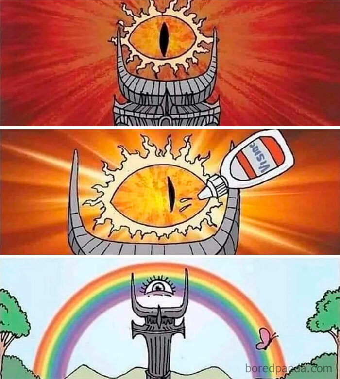 Memes divertidos de El Señor de los Anillos mostrando el Ojo de Sauron en situaciones cómicas y creativas.