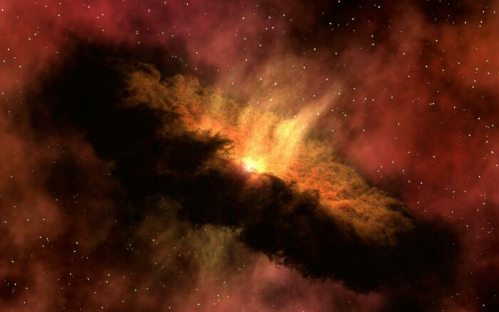 Nube de polvo cósmico con brillo intenso en el espacio, ilustrando datos inquietantes y misterios del universo.