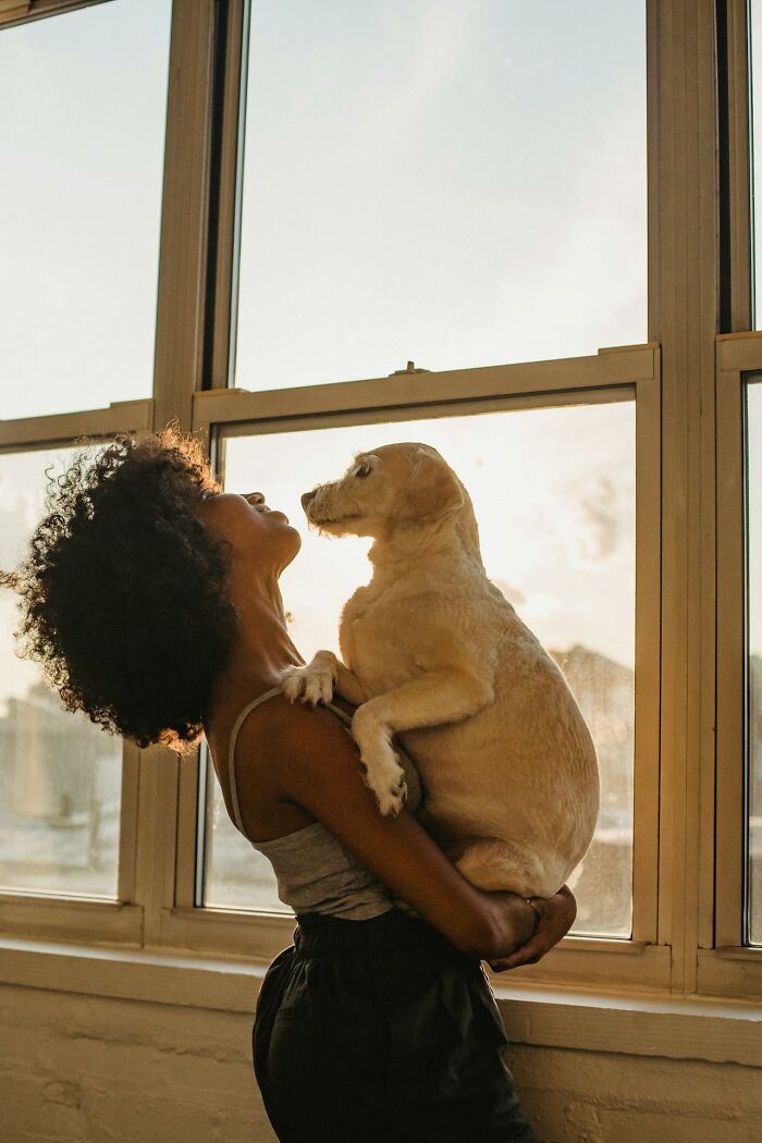 Mujer abrazando a su perro junto a ventana grande, transmitiendo secretos y momentos especiales con su mascota.
