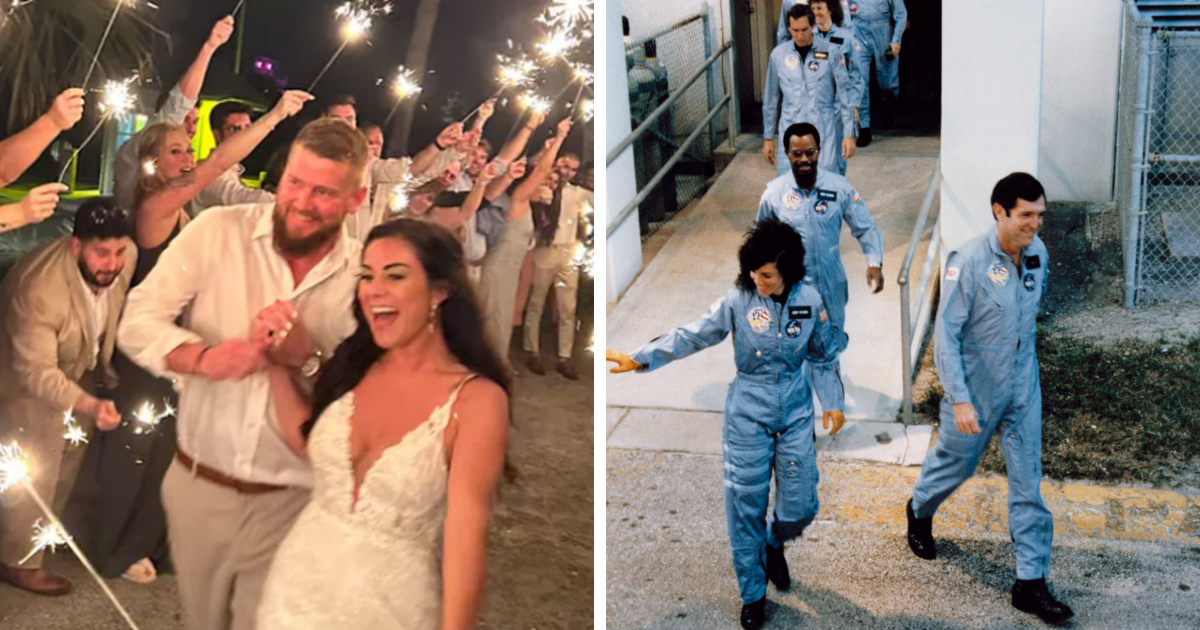Pareja feliz en boda con bengalas y grupo de astronautas caminando antes de un desastre inesperado.