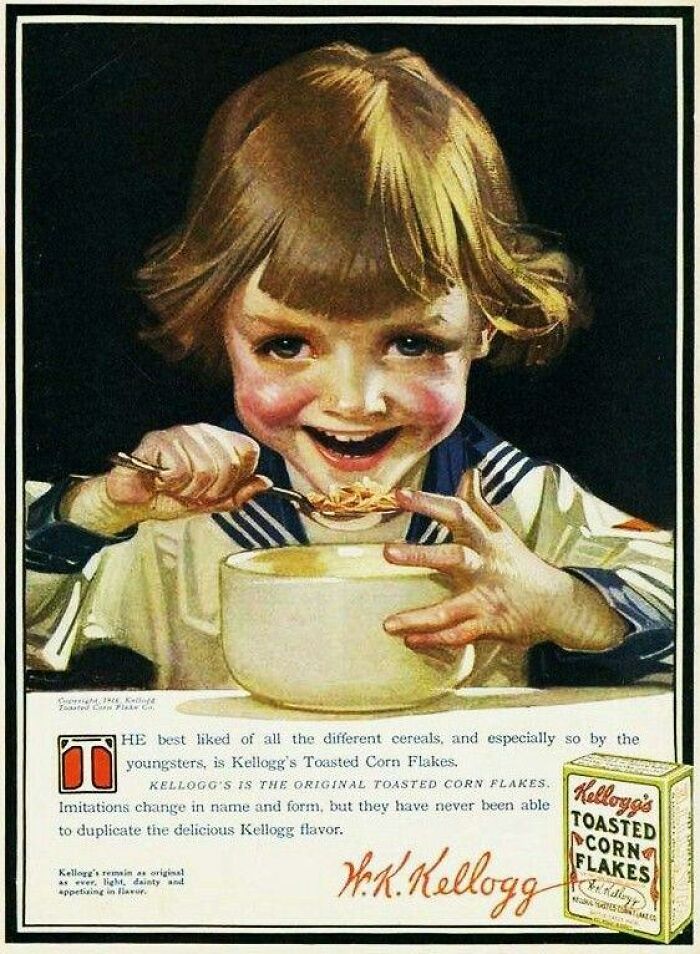 Niño vintage disfruta cereal Kellogg’s en anuncio antiguo que refleja normas culturales cambiantes y publicidad histórica.