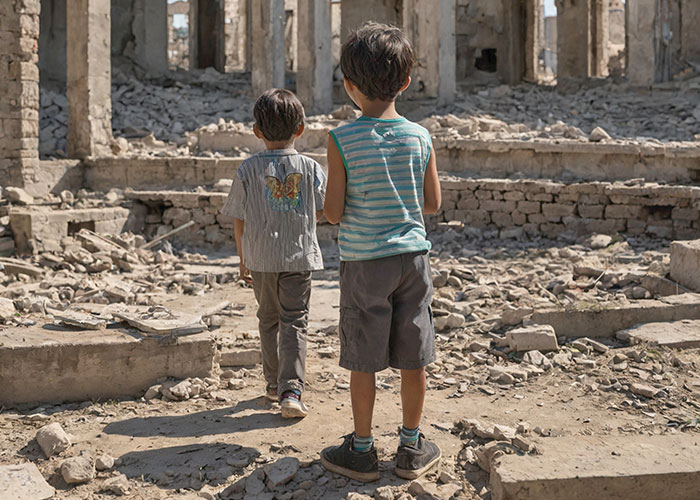 Dos niños caminan entre escombros de edificio destruido, reflejando encuentros con maldad pura y supervivencia.