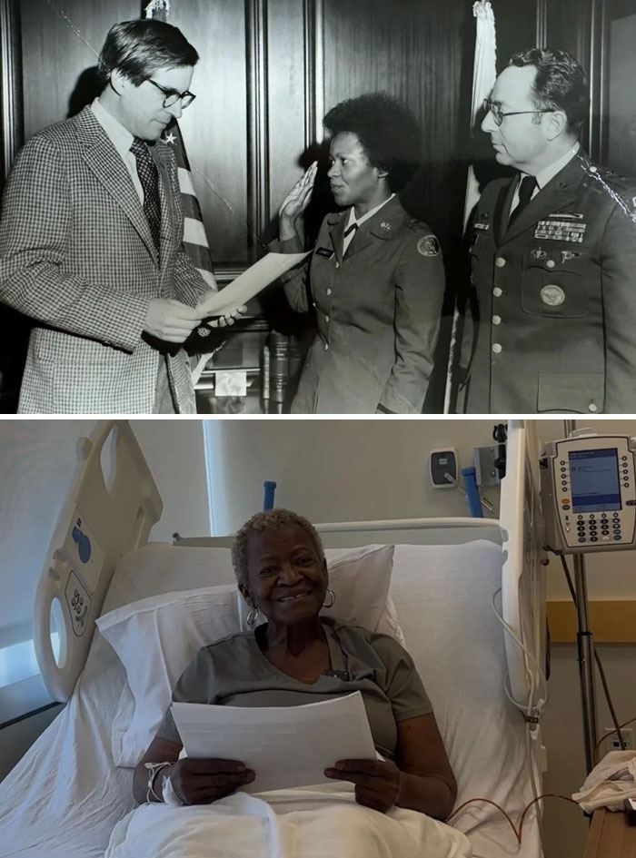 Mujer afroamericana en juramento militar y sonriente en hospital, imágenes históricas fascinantes y nuevas fotografías.