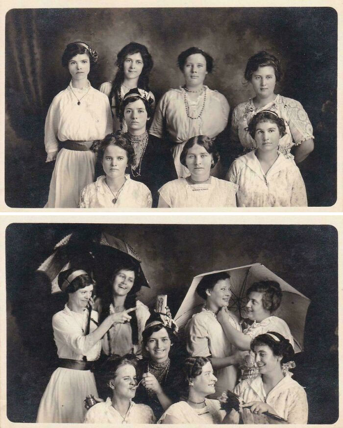 Grupo de mujeres en fotos históricas fascinantes en blanco y negro con vestimenta y peinados de principios del siglo XX.